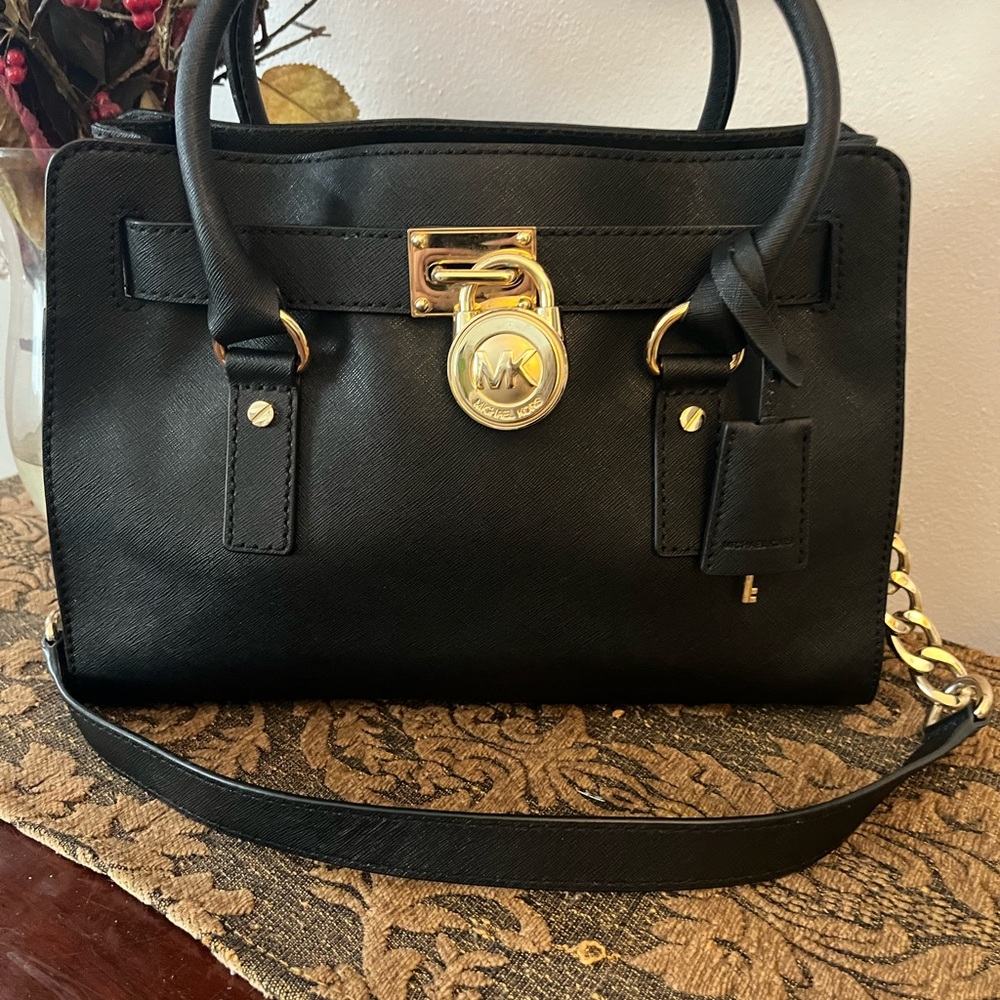 Michael Kors Black Saffiano Leather Hamilton  Lock & Key  Satchel - Mint